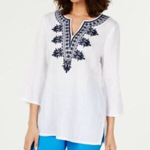 Simply Nyc NWOT Linen Embroidered Soutache Boho Tunic Top Size L White/Navy